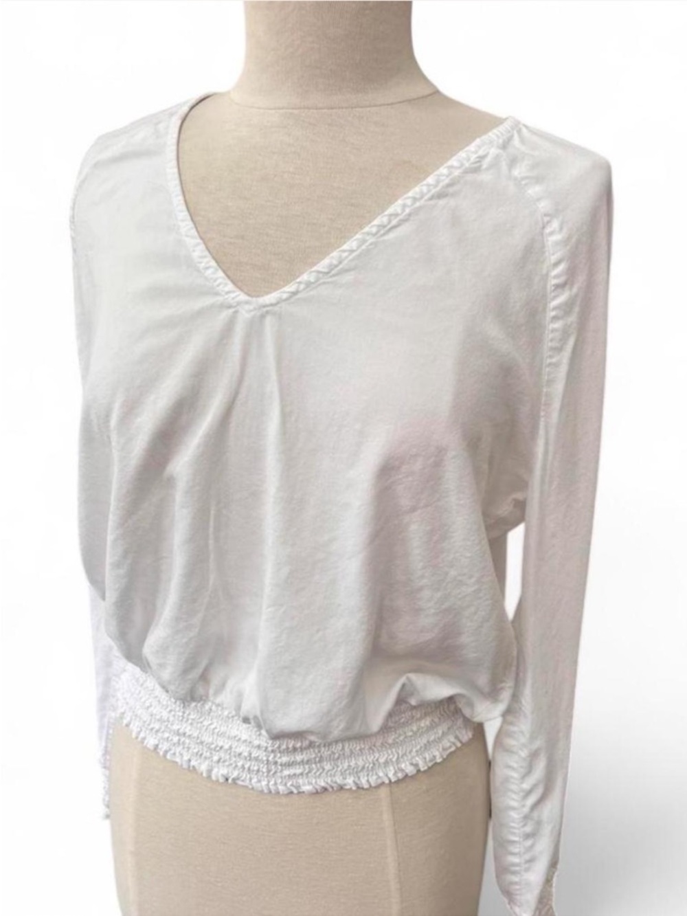 Cloth & Stone Anthropologie White Smocked Waist V-Neck Blouse Size M
